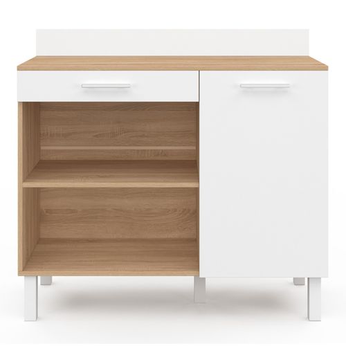Buffet Bas De Cuisine 100 Cm Cina Plan De Travail H.83 Cm 1 Porte + 1 Tiroir Façon Hêtre Et Blanc