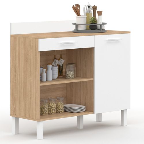 Buffet Bas De Cuisine 100 Cm Cina Plan De Travail H.83 Cm 1 Porte + 1 Tiroir Façon Hêtre Et Blanc