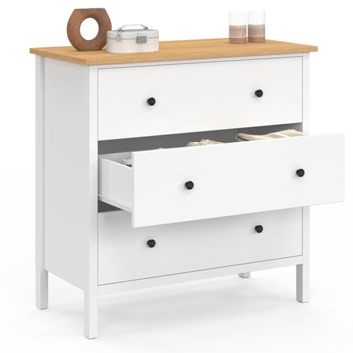 Commode 3 Tiroirs Achille 80 Cm Bois Blanc Plateau Bois