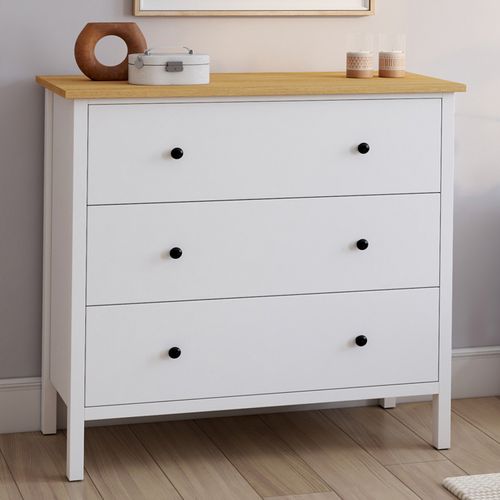 Commode 3 Tiroirs Achille 80 Cm Bois Blanc Plateau Bois