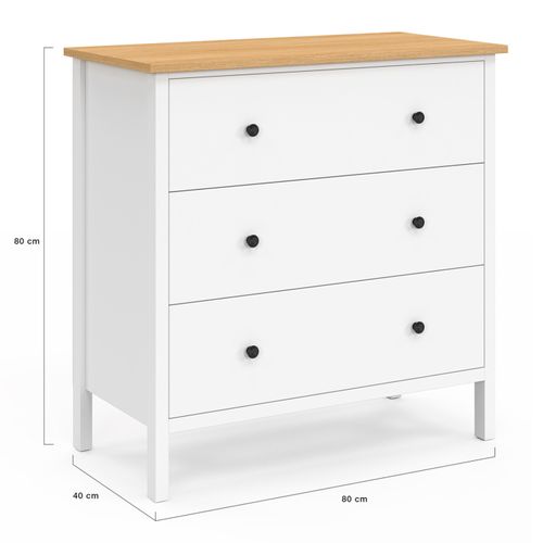 Commode 3 Tiroirs Achille 80 Cm Bois Blanc Plateau Bois