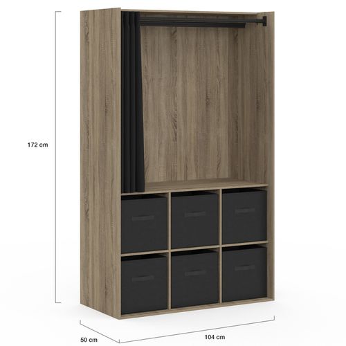 Dressing Penderie Diane 104 X 50 X 172 Cm Hêtre Avec 6 Boites De Rangement + Rideau Noir