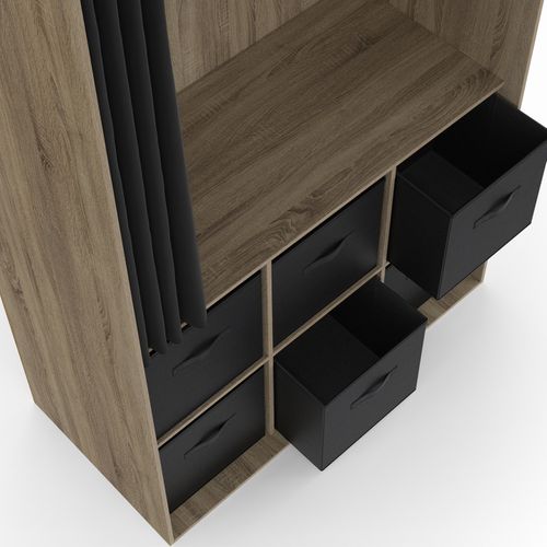 Dressing Penderie Diane 104 X 50 X 172 Cm Hêtre Avec 6 Boites De Rangement + Rideau Noir