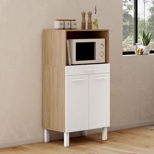 Buffet De Cuisine 60 Cm Avec Niche Micro-ondes - Design Hêtre Et Noir, Gain De Place