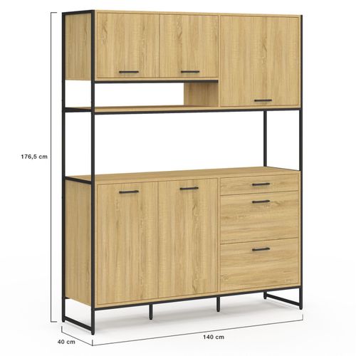 Buffet Casserolier De Cuisine 140 Cm Detroit 5 Portes + 3 Tiroirs Design Industriel