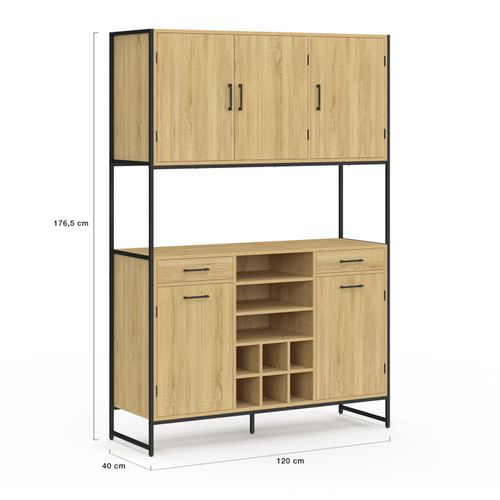 Buffet De Cuisine 120 Cm Detroit 5 Portes + Tiroirs + Range-bouteilles Design Industriel
