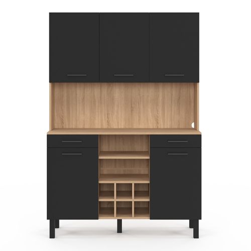 Buffet De Cuisine 120 Cm Cina 5 Portes + Tiroirs + Range-bouteilles Façon Hêtre Et Noir