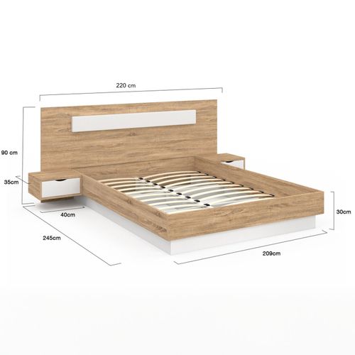 Lit Double Santa Avec Tête De Lit + Tables De Chevet Intégrées Et Sommier 160 X 200 Cm Bois Et Blanc