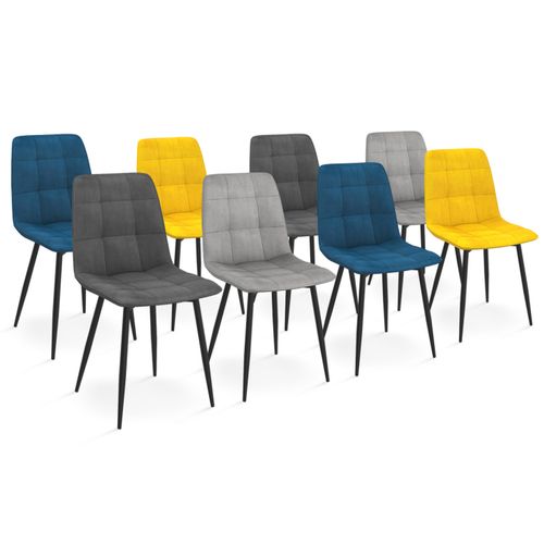 Lot De 8 Chaises Mila En Velours Mix Color Bleu X2, Gris Foncé X2, Gris Clair X2, Jaune X2