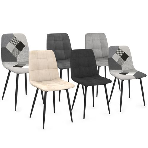Lot De 6 Chaises Mila En Velours Gris Foncé, Gris Clair, Beige, Noir Et Patchworks Noir, Gris Et Bla