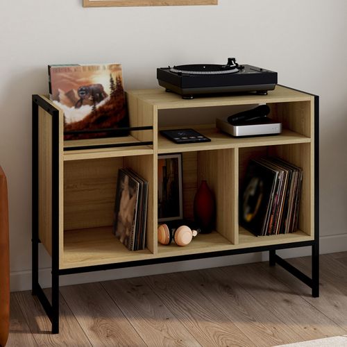 Meuble Vinyle, Buffet De Rangement 100cm Detroit Bois Et Noir Design Industriel