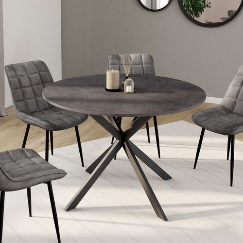 Table à Manger Ronde Jaspe 6 Personnes Plateau Effet Béton Pied Araignée Gris Anthracite 110 Cm