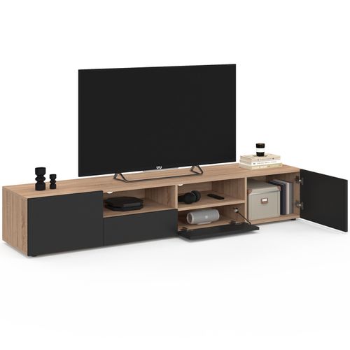 Meuble TV 180 Cm Eli Bois Façon Hêtre Portes Noires