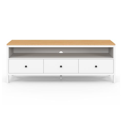 Meuble TV 140 Cm Achille 3 Tiroirs Blanc Et Plateau Bois