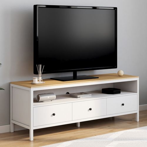 Meuble TV 140 Cm Achille 3 Tiroirs Blanc Et Plateau Bois