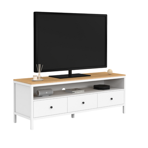 Meuble TV 140 Cm Achille 3 Tiroirs Blanc Et Plateau Bois