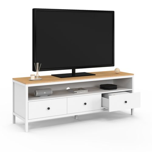 Meuble TV 140 Cm Achille 3 Tiroirs Blanc Et Plateau Bois