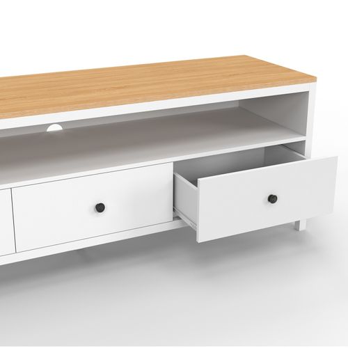 Meuble TV 140 Cm Achille 3 Tiroirs Blanc Et Plateau Bois