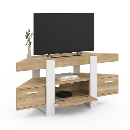 Meuble TV 110 Cm D'angle Phoenix Avec Tiroir Bois Et Blanc