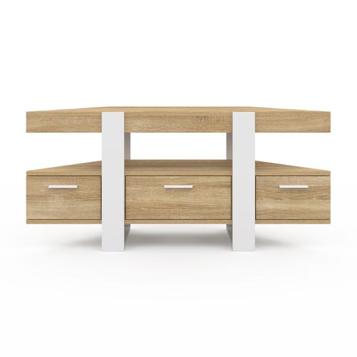 Meuble TV 110 Cm D'angle Phoenix Avec Tiroir Bois Et Blanc