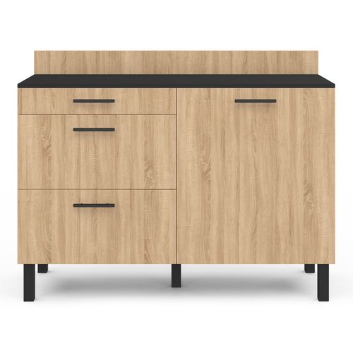 Buffet Bas Casserolier De Cuisine 120 Cm Cina Plan De Travail H.83 Cm 1 Porte + 3 Tiroirs Noir Et Fa