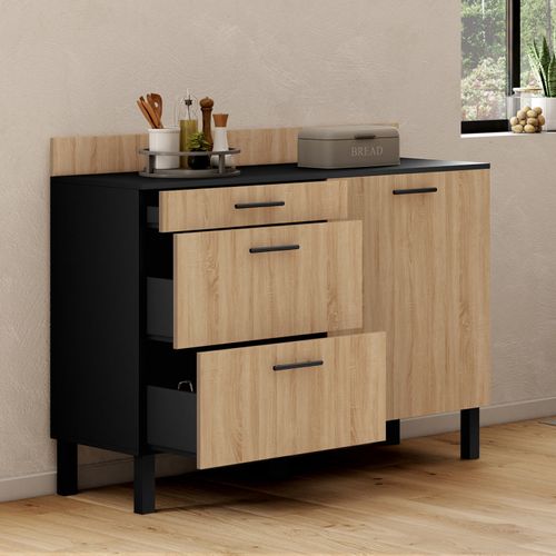 Buffet Bas Casserolier De Cuisine 120 Cm Cina Plan De Travail H.83 Cm 1 Porte + 3 Tiroirs Noir Et Fa