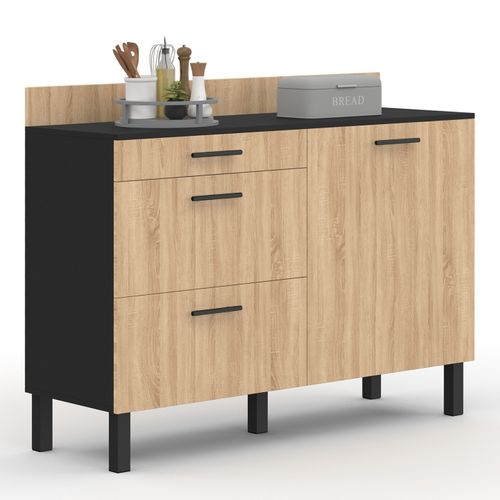 Buffet Bas Casserolier De Cuisine 120 Cm Cina Plan De Travail H.83 Cm 1 Porte + 3 Tiroirs Noir Et Fa