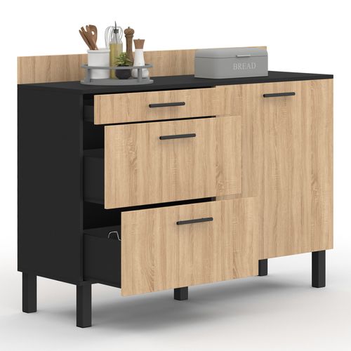 Buffet Bas Casserolier De Cuisine 120 Cm Cina Plan De Travail H.83 Cm 1 Porte + 3 Tiroirs Noir Et Fa