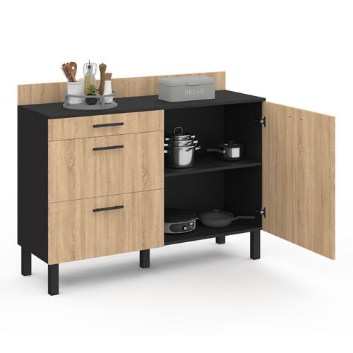 Buffet Bas Casserolier De Cuisine 120 Cm Cina Plan De Travail H.83 Cm 1 Porte + 3 Tiroirs Noir Et Fa