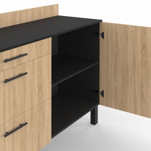 Buffet Bas Casserolier De Cuisine 120 Cm Cina Plan De Travail H.83 Cm 1 Porte + 3 Tiroirs Noir Et Fa
