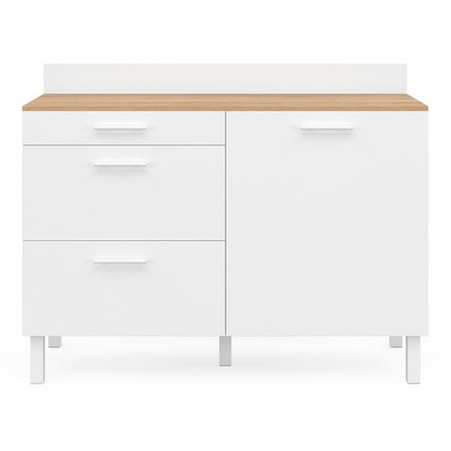 Buffet Bas De Cuisine 120 Cm Casserolier Cina Plan De Travail H.83 Cm 1 Porte + 3 Tiroirs Façon Hêtr