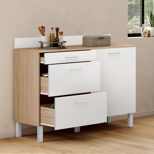 Buffet Bas De Cuisine 120 Cm Casserolier Cina Plan De Travail H.83 Cm 1 Porte + 3 Tiroirs Façon Hêtr