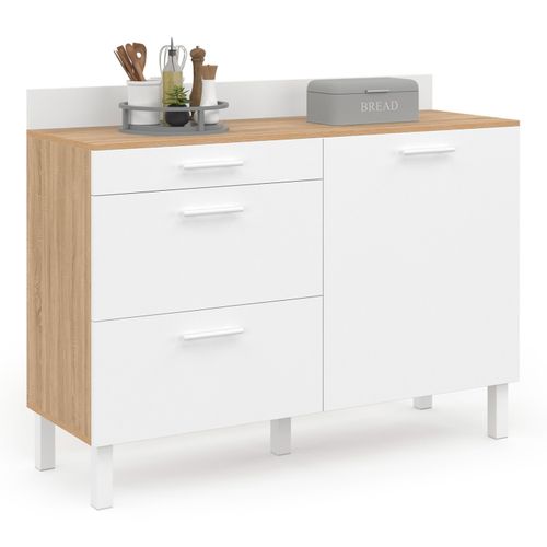 Buffet Bas De Cuisine 120 Cm Casserolier Cina Plan De Travail H.83 Cm 1 Porte + 3 Tiroirs Façon Hêtr