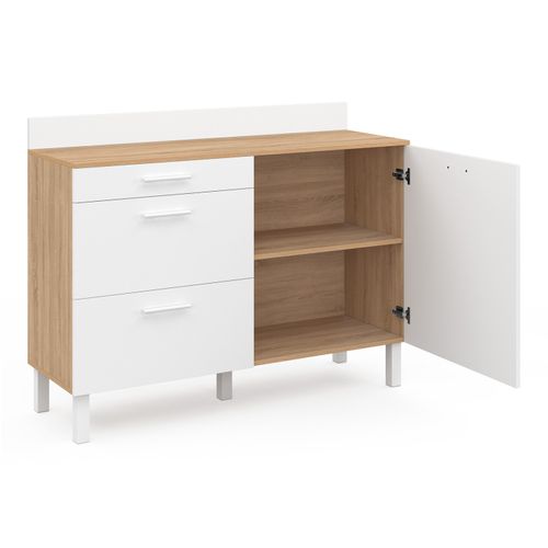 Buffet Bas De Cuisine 120 Cm Casserolier Cina Plan De Travail H.83 Cm 1 Porte + 3 Tiroirs Façon Hêtr