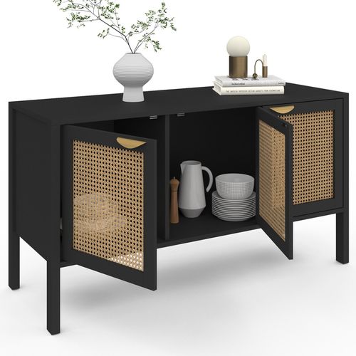 Buffet Bas 110 Cm Edhen 3 Portes Bois Noir Et Cannage