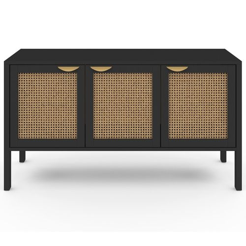 Buffet Bas 110 Cm Edhen 3 Portes Bois Noir Et Cannage