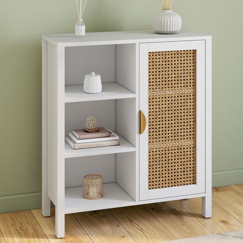 Buffet D'appoint 3 Étagères Et Placard 70 Cm Edhen Blanc Avec Cannage