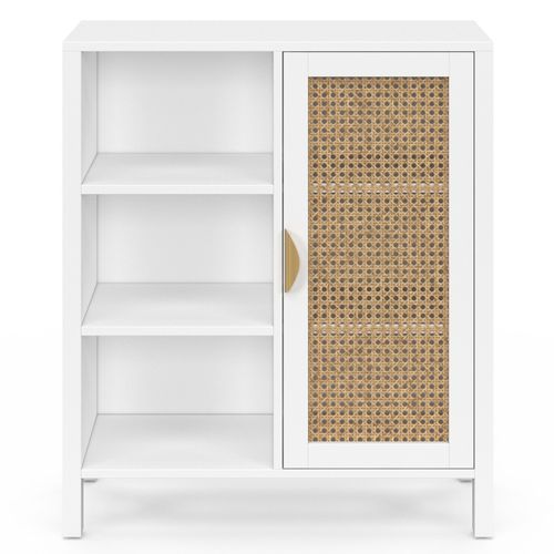 Buffet D'appoint 3 Étagères Et Placard 70 Cm Edhen Blanc Avec Cannage