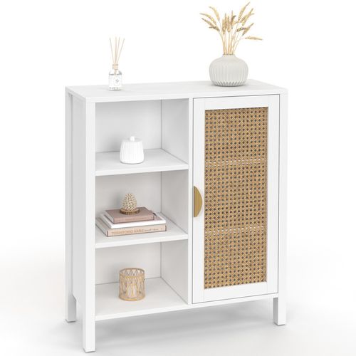 Buffet D'appoint 3 Étagères Et Placard 70 Cm Edhen Blanc Avec Cannage