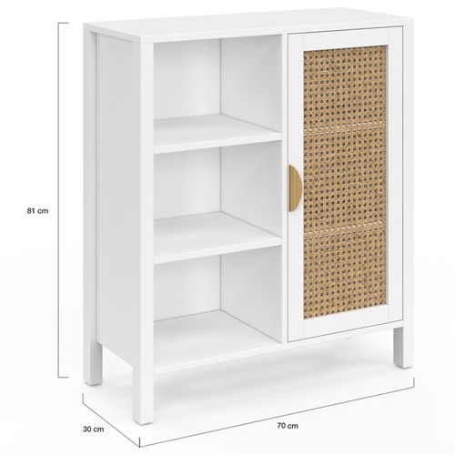 Buffet D'appoint 3 Étagères Et Placard 70 Cm Edhen Blanc Avec Cannage