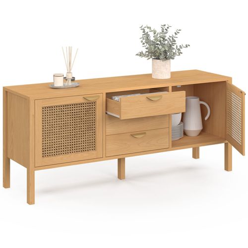 Buffet Bas 140 Cm Edhen 2 Portes Et 3 Tiroirs Bois Et Cannage