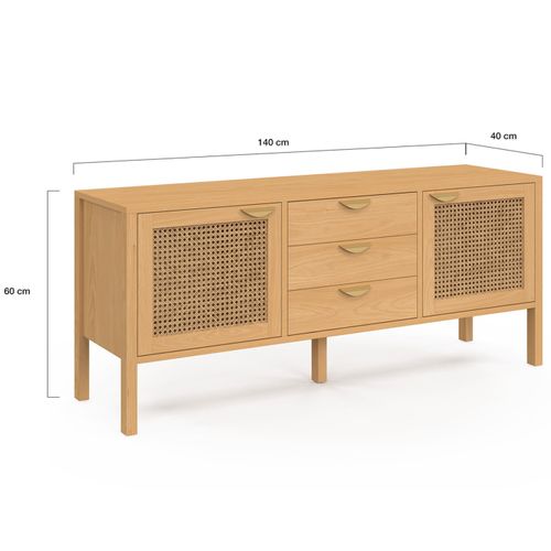 Buffet Bas 140 Cm Edhen 2 Portes Et 3 Tiroirs Bois Et Cannage