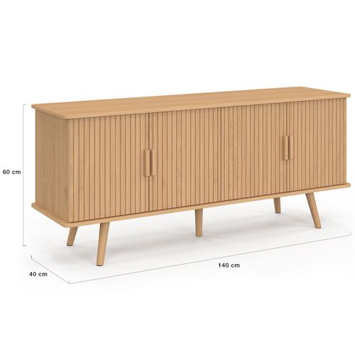 Buffet 140 Cm Juliette 4 Portes Lattes Tasseau Bois Coloris Chêne