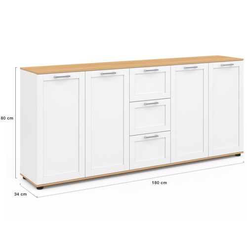 Buffet 180 Cm Vito XXL 4 Portes Avec 3 Tiroirs Bois Et Blanc