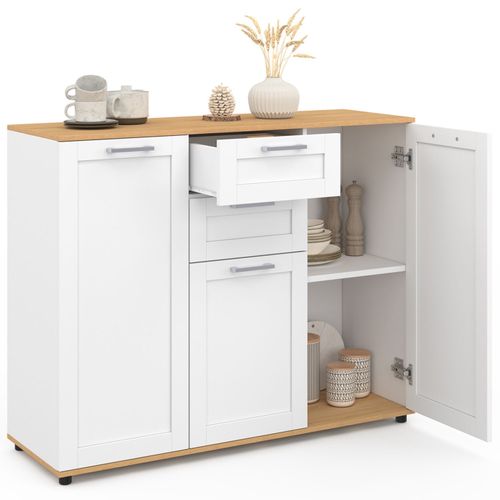 Buffet 100 Cm Vito 3 Portes Et 2 Tiroirs Blanc Et Plateau Bois