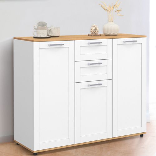 Buffet 100 Cm Vito 3 Portes Et 2 Tiroirs Blanc Et Plateau Bois