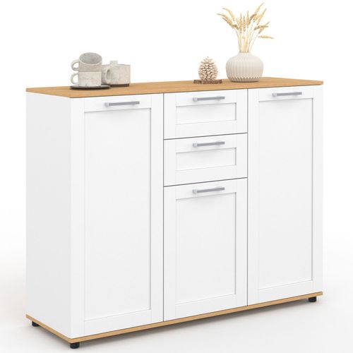 Buffet 100 Cm Vito 3 Portes Et 2 Tiroirs Blanc Et Plateau Bois
