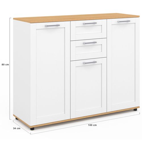 Buffet 100 Cm Vito 3 Portes Et 2 Tiroirs Blanc Et Plateau Bois
