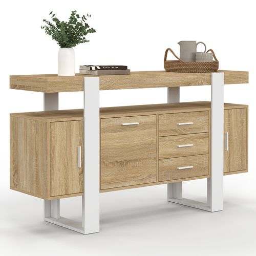 Buffet 140 Cm Phoenix 3 Portes Et 3 Tiroirs Bois Et Blanc