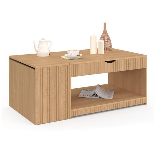 Table Basse Plateau Relevable Rectangulaire Juliette Avec Coffre Lattes Tasseau Bois Coloris Chêne